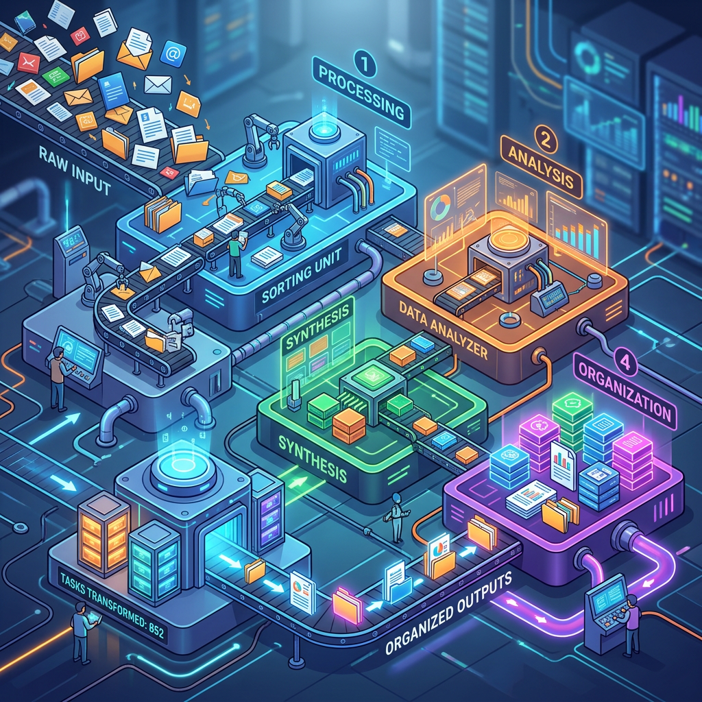 Data workflow labeled Raw Input, Processing, Analysis, Synthesis, Organization, and Organized Outputs