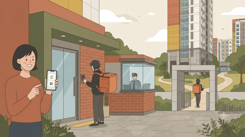Illustration: at a Korean apartment entrance a courier types the shared-entrance code while a guard watches from the booth; a resident picks a delivery preference on her phone; a second courier uses a dedicated passage to a newer tower.